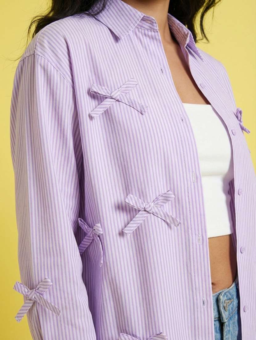 women striped collared long sleeve oversized shirt - 22373354 -  Standard Image - 4