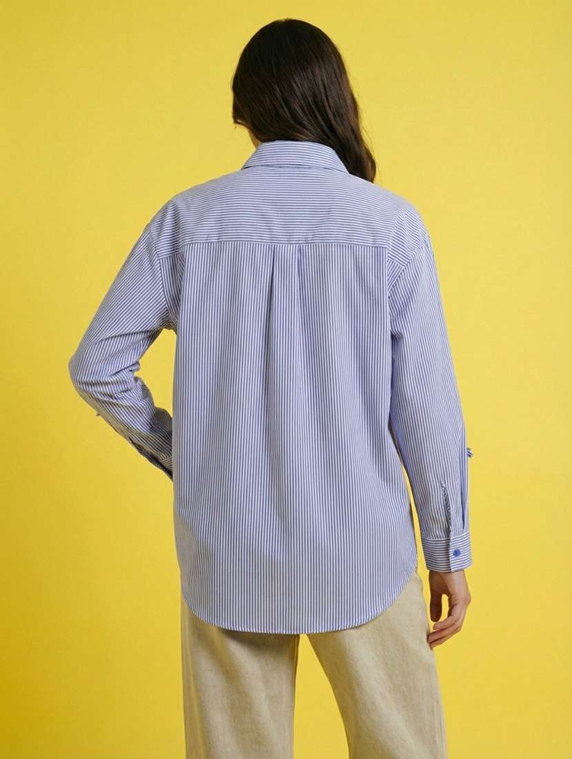 women striped collared long sleeve oversized shirt - 22373356 -  Standard Image - 1