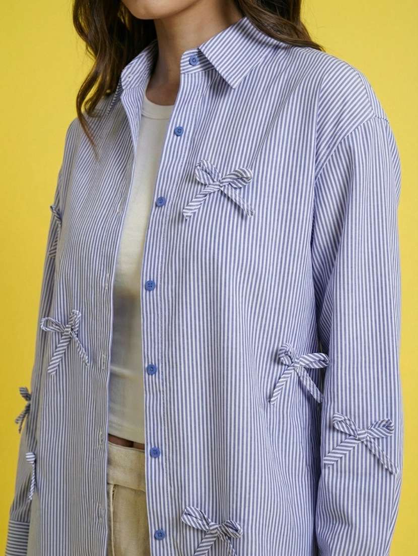 women striped collared long sleeve oversized shirt - 22373356 -  Standard Image - 4