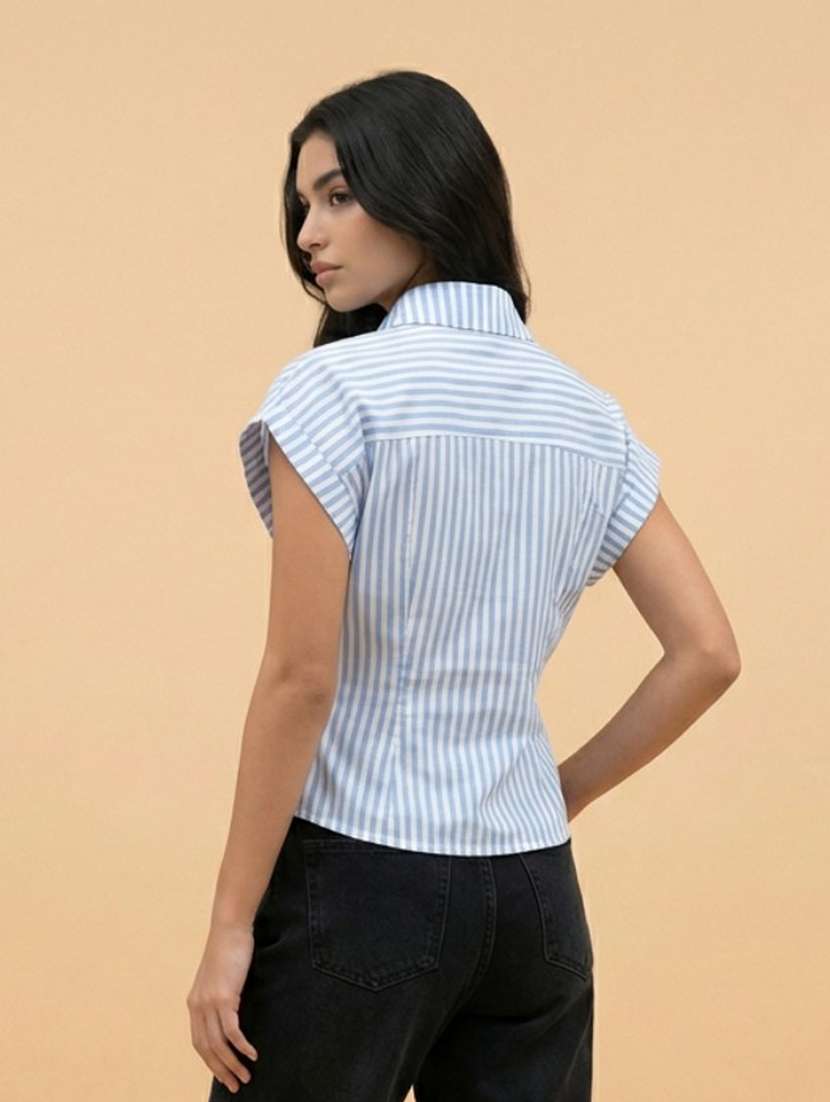 women striped collared short sleeve wrap shirt - 22373369 -  Standard Image - 1