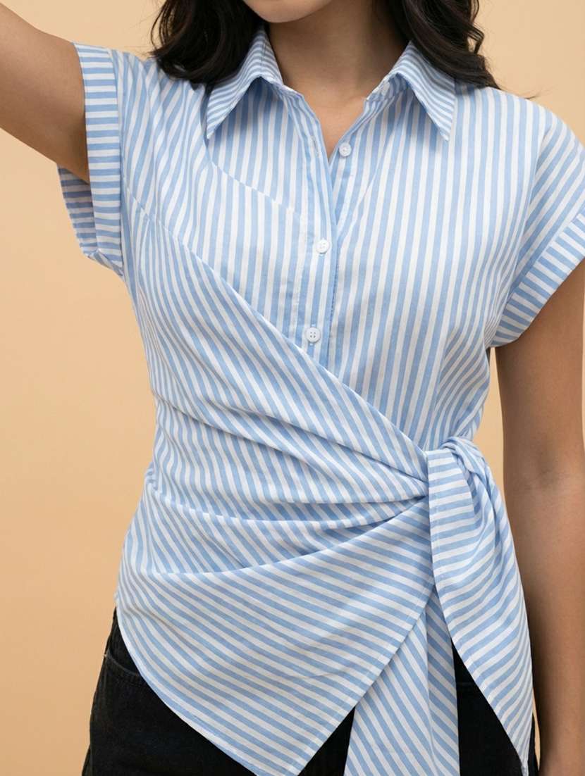 women striped collared short sleeve wrap shirt - 22373369 -  Standard Image - 4