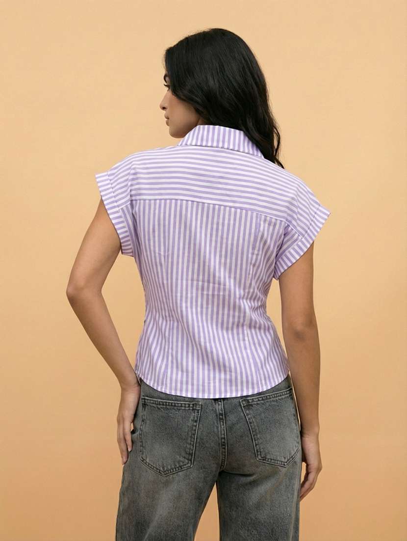 women striped collared short sleeve wrap shirt - 22373370 -  Standard Image - 1