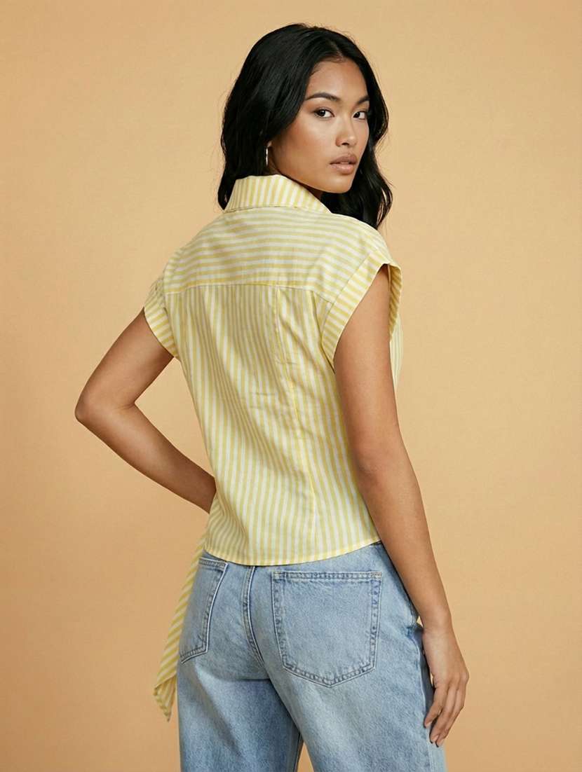 women striped collared short sleeve wrap shirt - 22373371 -  Standard Image - 1