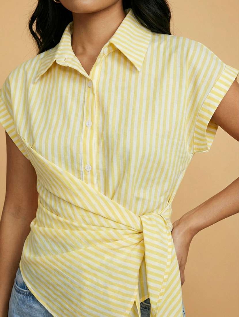 women striped collared short sleeve wrap shirt - 22373371 -  Standard Image - 4