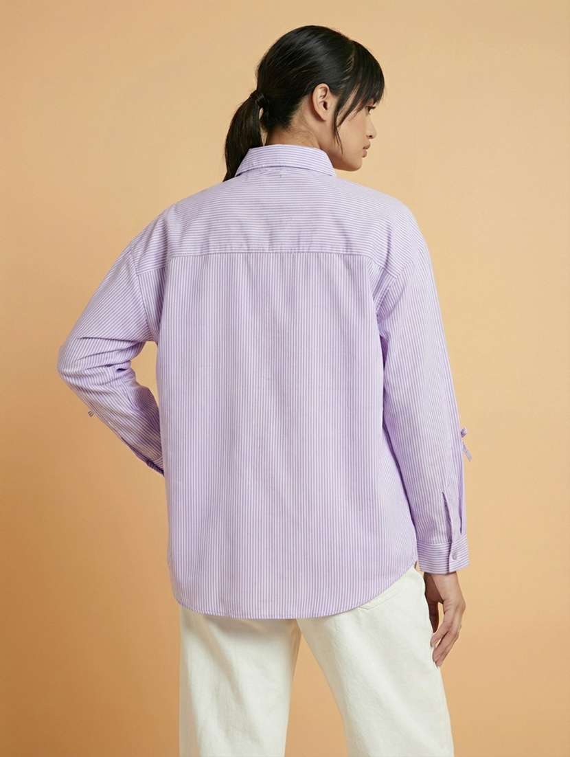 women striped collaerd long sleeve oversized shirt - 22373372 -  Standard Image - 1