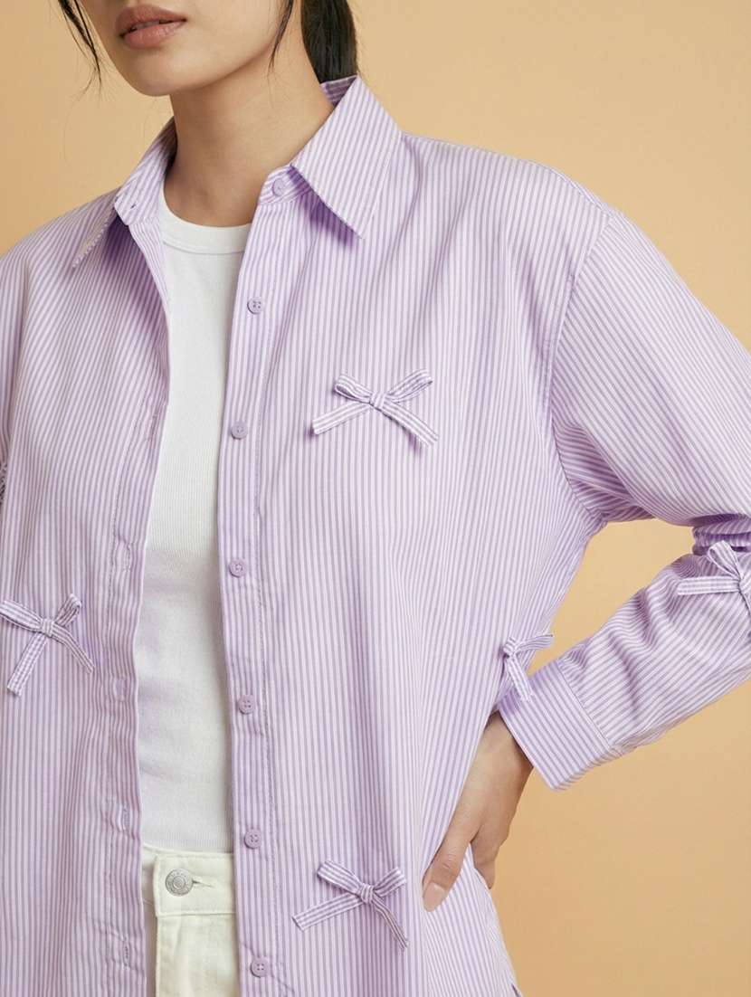 women striped collaerd long sleeve oversized shirt - 22373372 -  Standard Image - 4