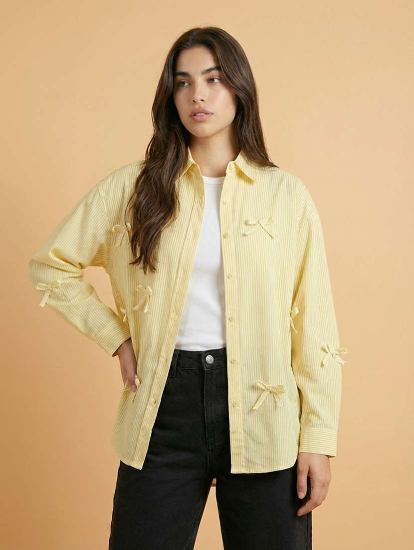women striped collared long sleeve oversized shirt