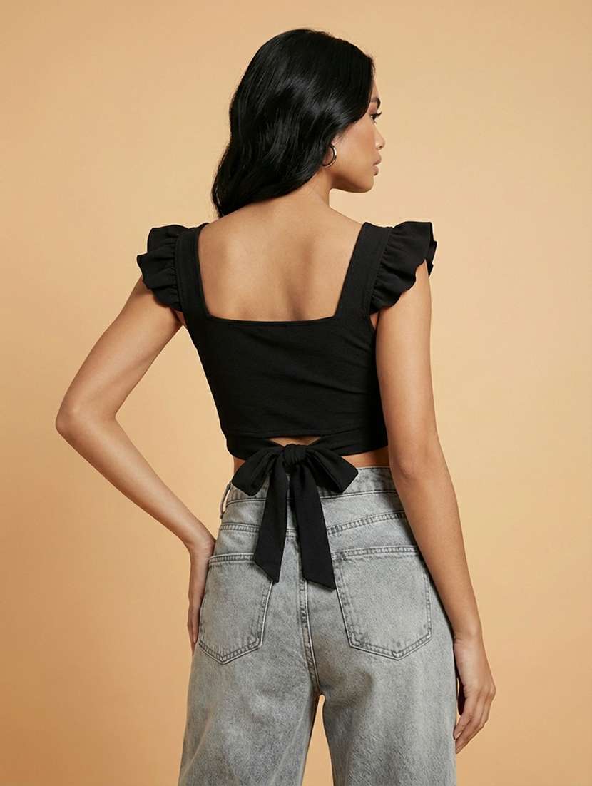 women solid sleeveless back tie crop top - 22373394 -  Standard Image - 1