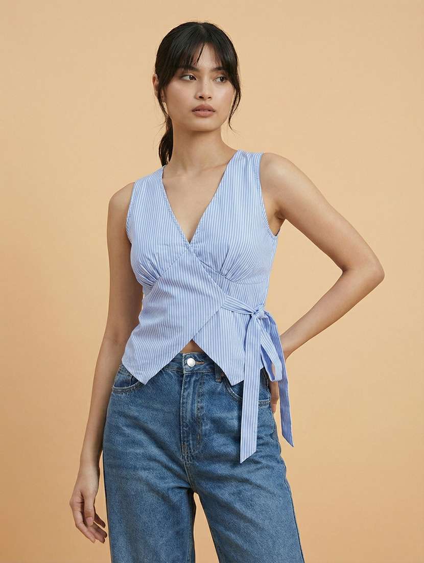 women striped sleeveless wrap top
