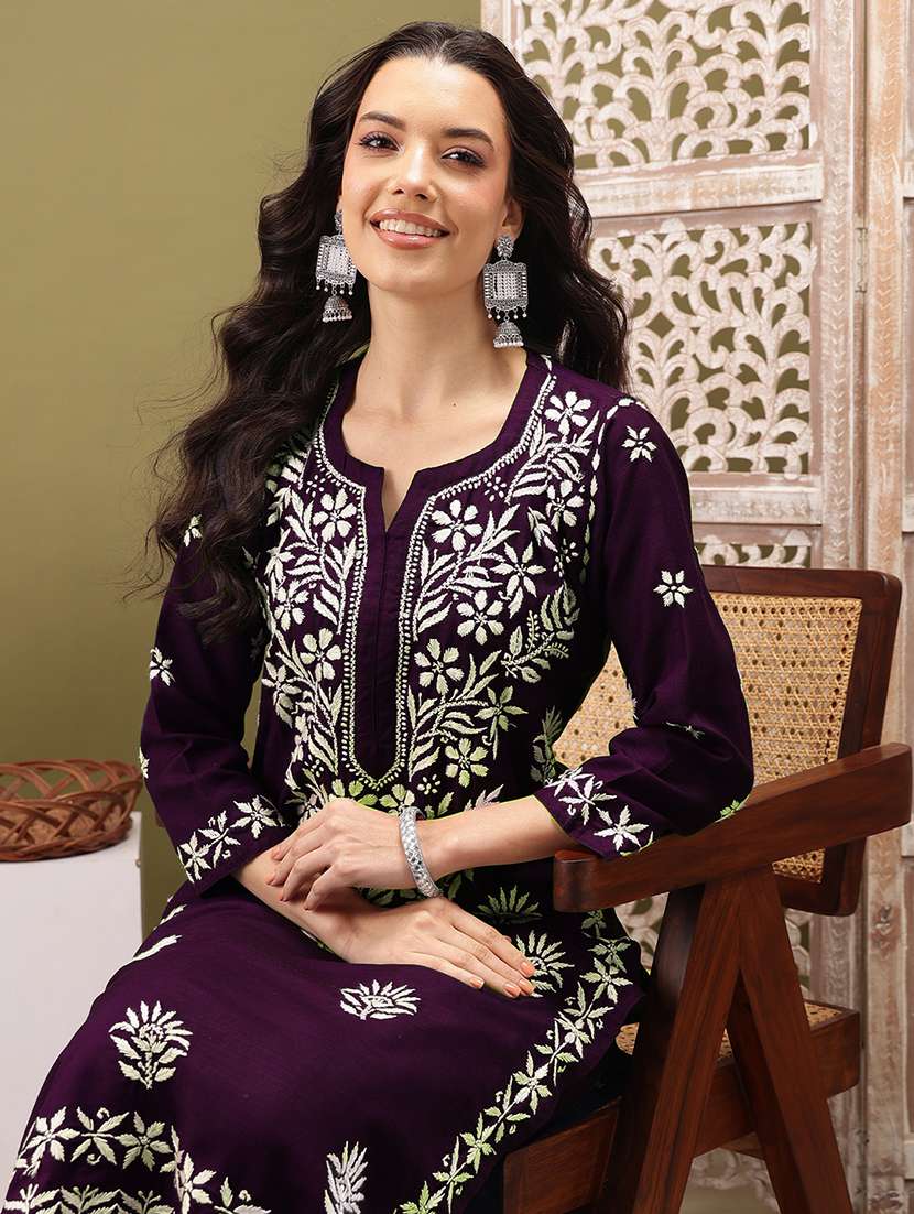 women solid with work three quarter sleeve kurta pant set - 22373410 -  Standard Image - 1