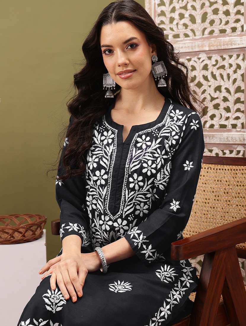women solid with work three quarter sleeve kurta pant set - 22373411 -  Standard Image - 1
