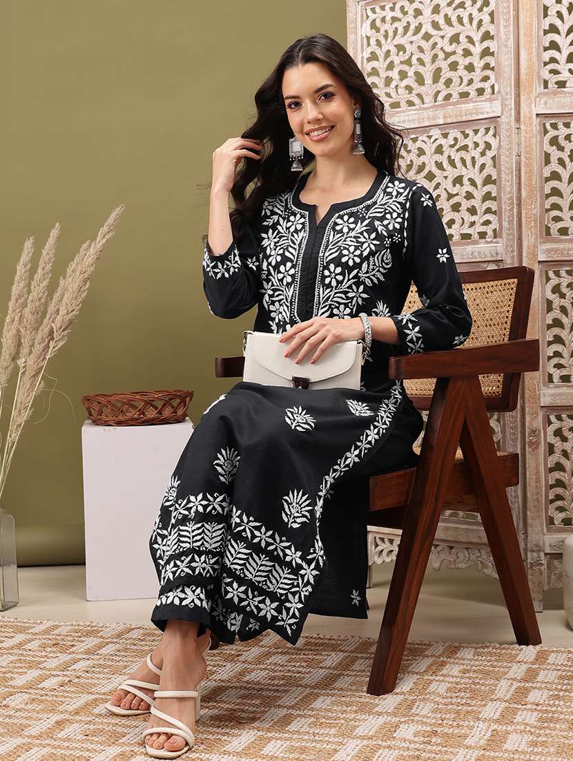 women solid with work three quarter sleeve kurta pant set - 22373411 -  Standard Image - 4