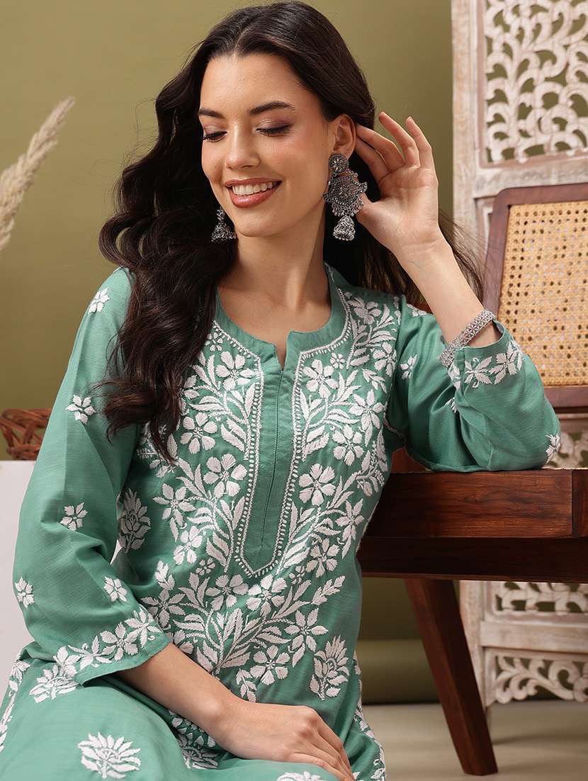 women solid with work three quarter sleeve kurta pant set - 22373412 -  Standard Image - 1