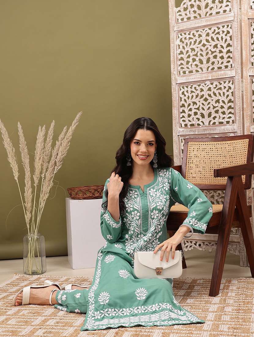 women solid with work three quarter sleeve kurta pant set - 22373412 -  Standard Image - 4