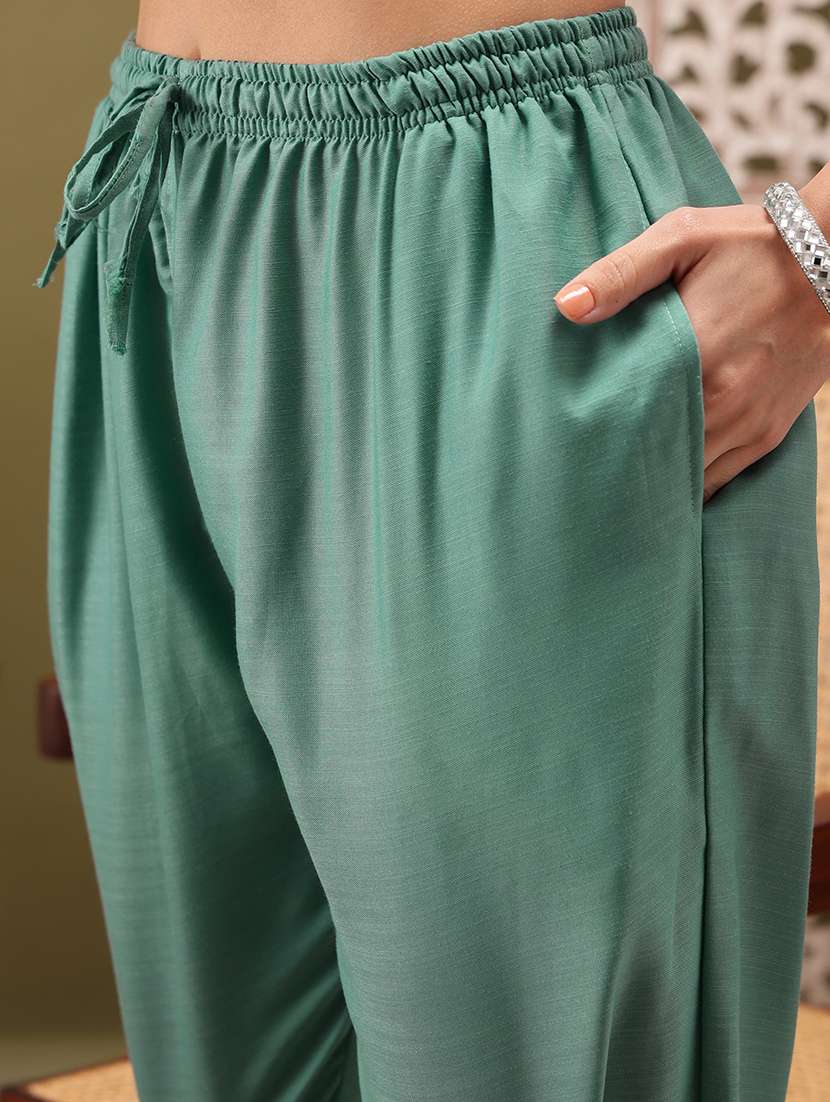 women solid with work three quarter sleeve kurta pant set - 22373412 -  Standard Image - 6