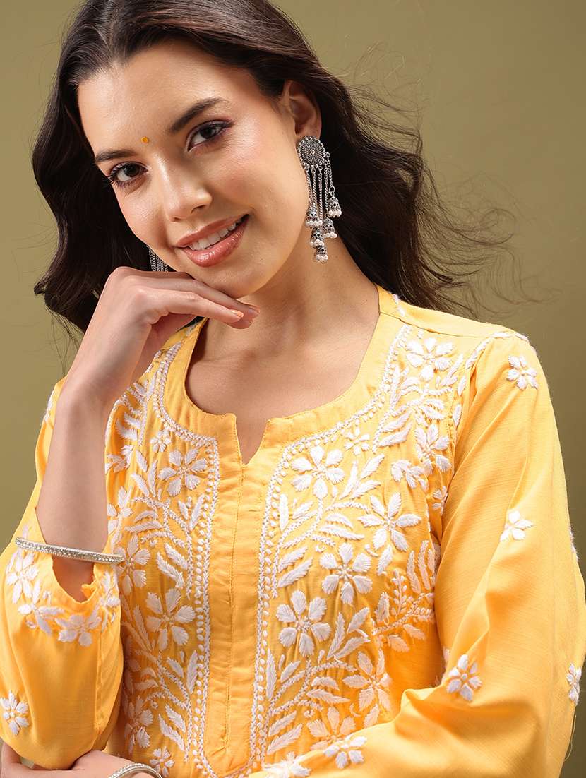 women solid with work three quarter sleeve kurta pant set - 22373413 -  Standard Image - 1