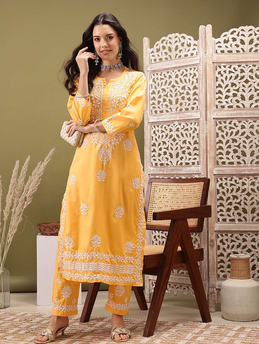 women solid with work three quarter sleeve kurta pant set - 22373413 -  Standard Image - 4