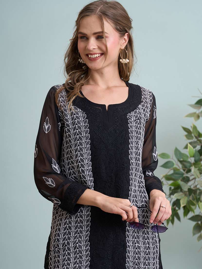 women chikankari long sleeve straight kurti - 22373550 -  Standard Image - 1
