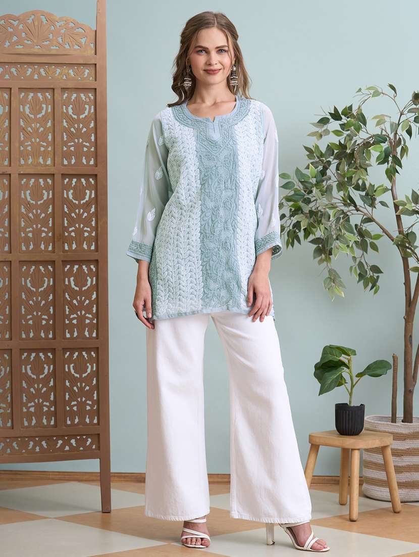 women chikankari long sleeve straight kurti