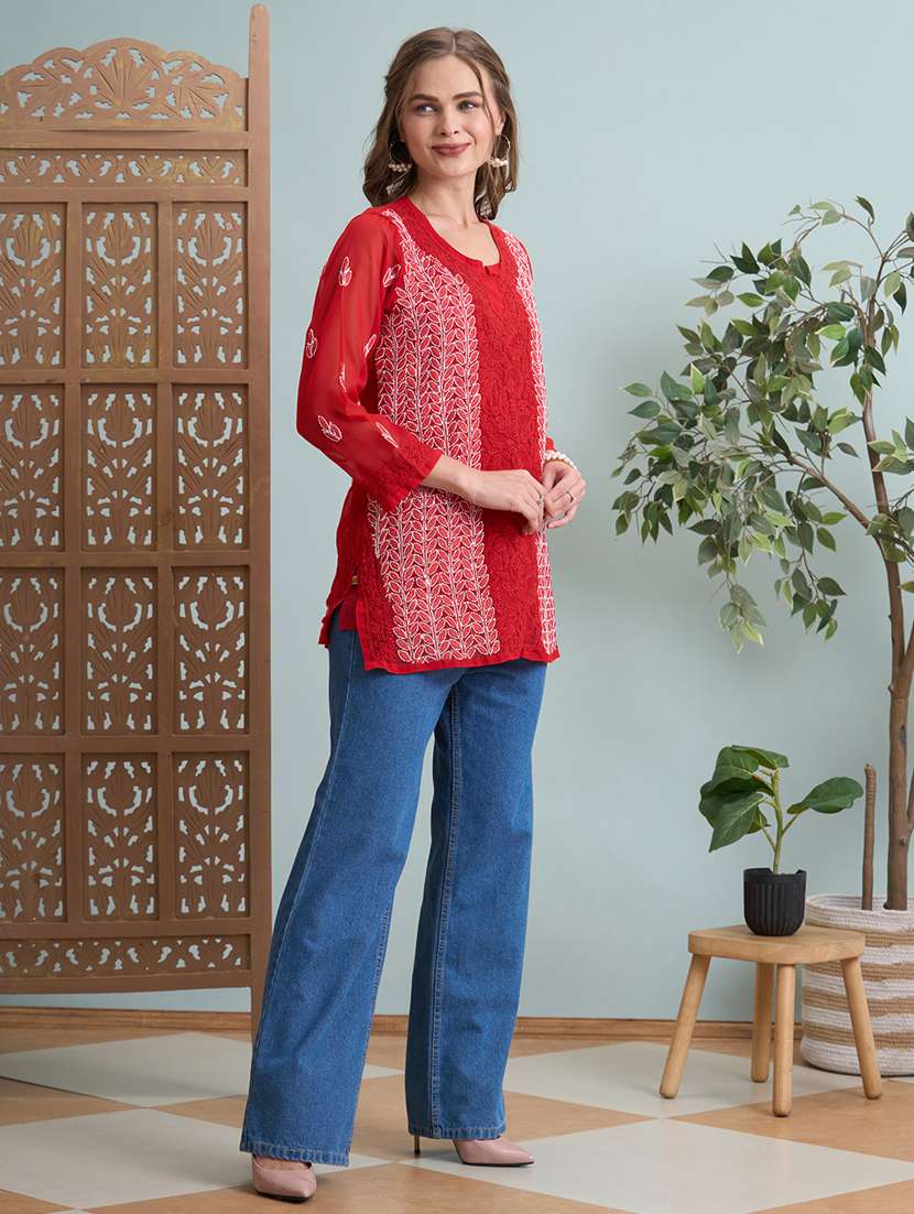 women chikankari long sleeve straight kurti - 22373554 -  Standard Image - 4