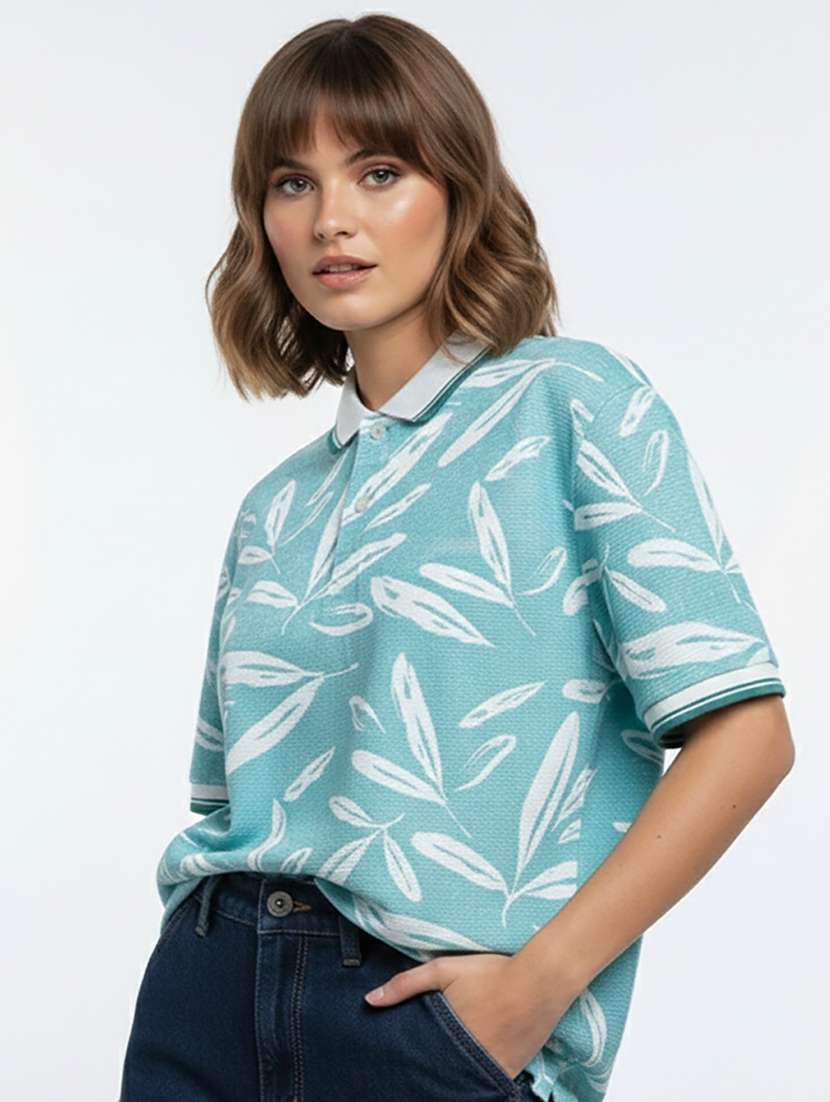 women printed short sleeve oversized polo t-shirt