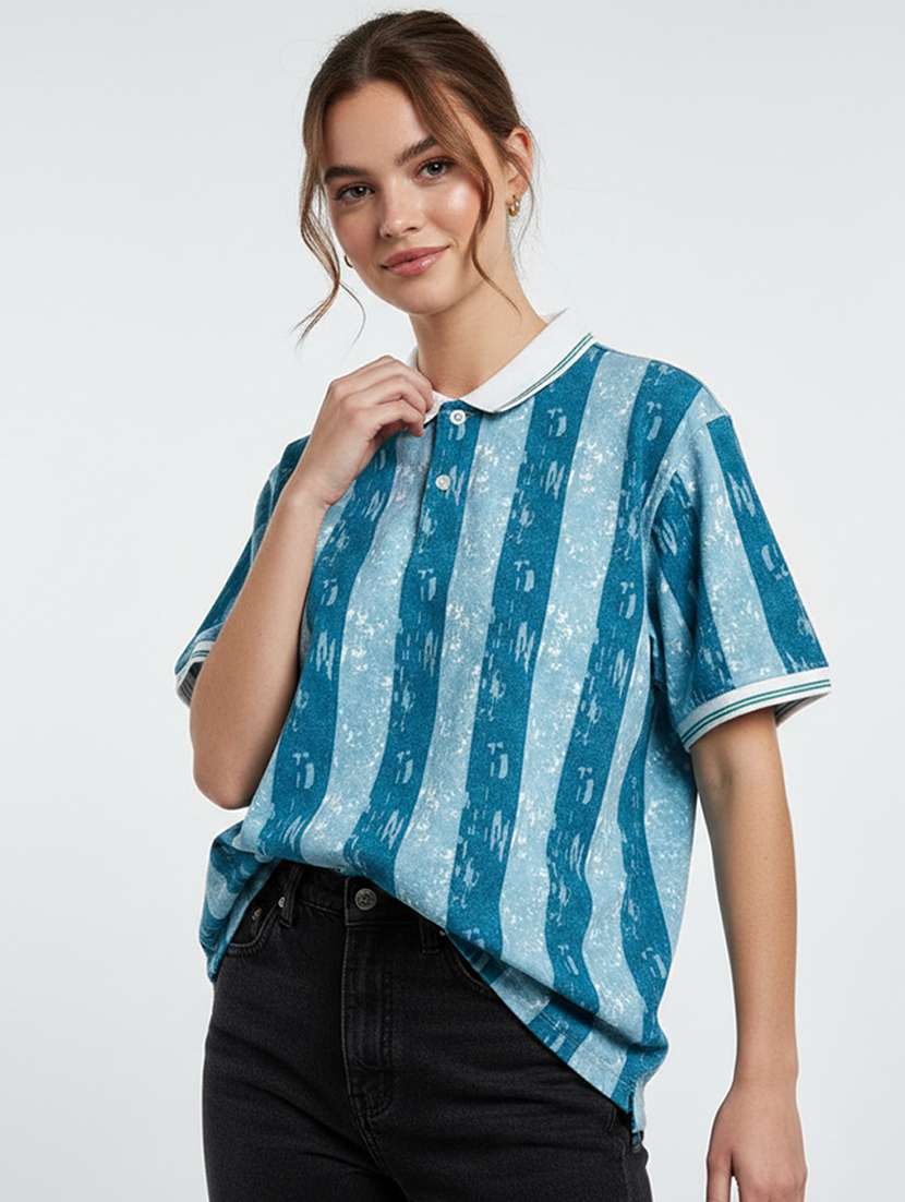 women striped short sleeve oversized polo t-shirt