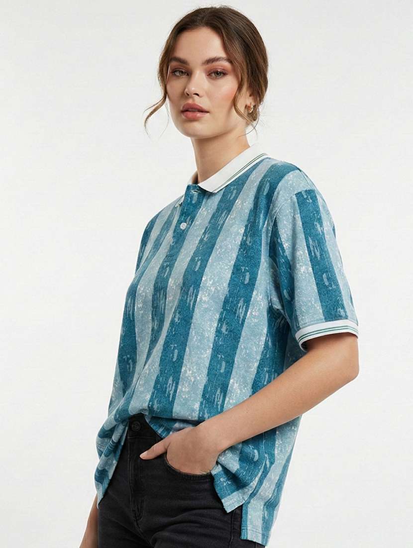 women striped short sleeve oversized polo t-shirt - 22374165 -  Standard Image - 1