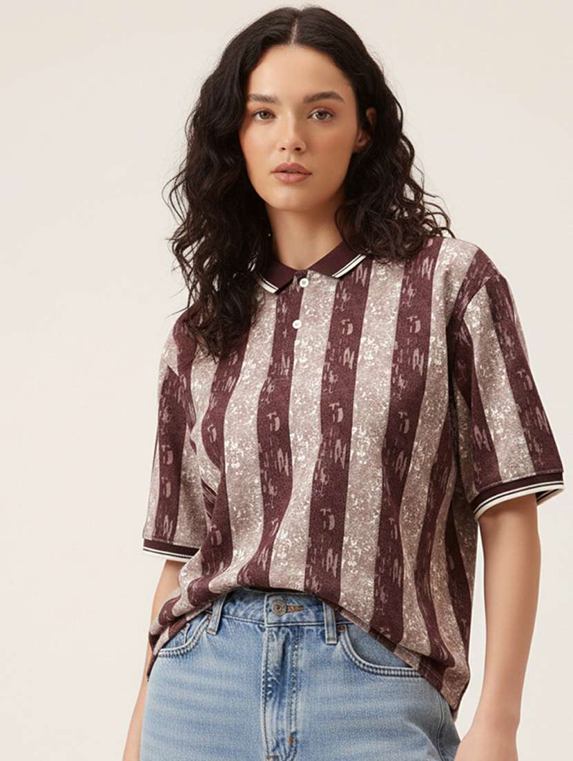 women striped short sleeve oversized polo t-shirt
