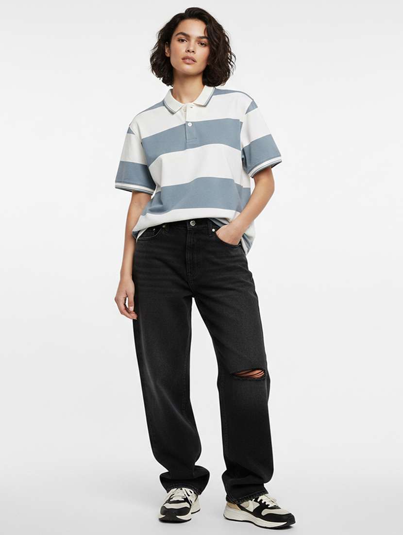 women striped short sleeve oversized polo t-shirt
