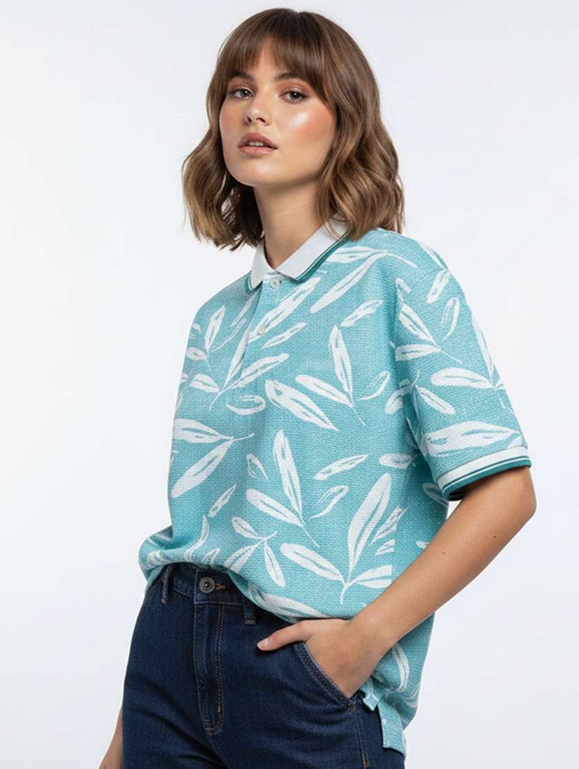 women printed short sleeve oversized polo t-shirt - 22374195 -  Standard Image - 1