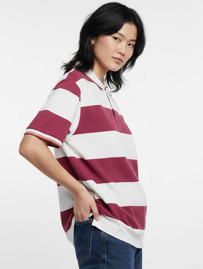women striped short sleeve oversized polo t-shirt - 22374200 -  Standard Image - 1