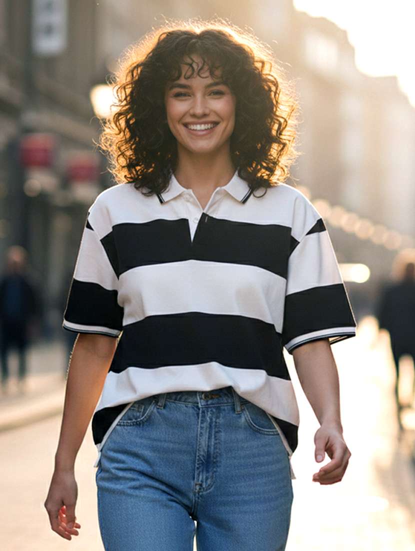 women striped short sleeve oversized polo t-shirt