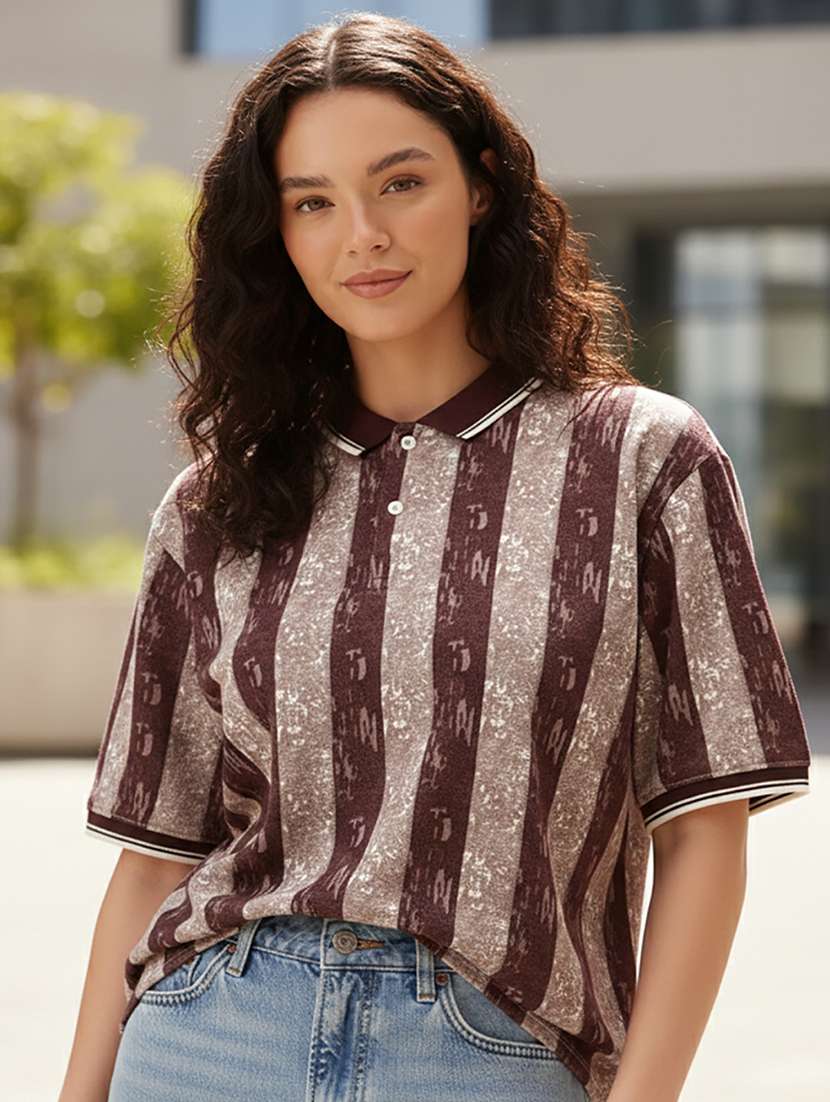 women striped short sleeve oversized polo t-shirt