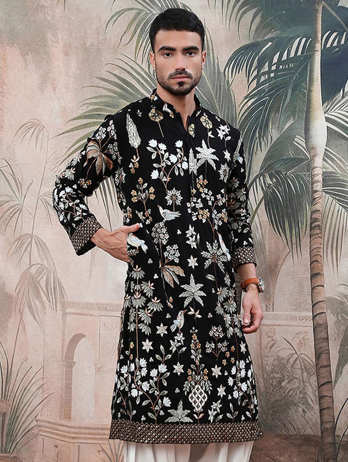 men solid with work mandarin neck long kurta - 22374563 -  Standard Image - 1