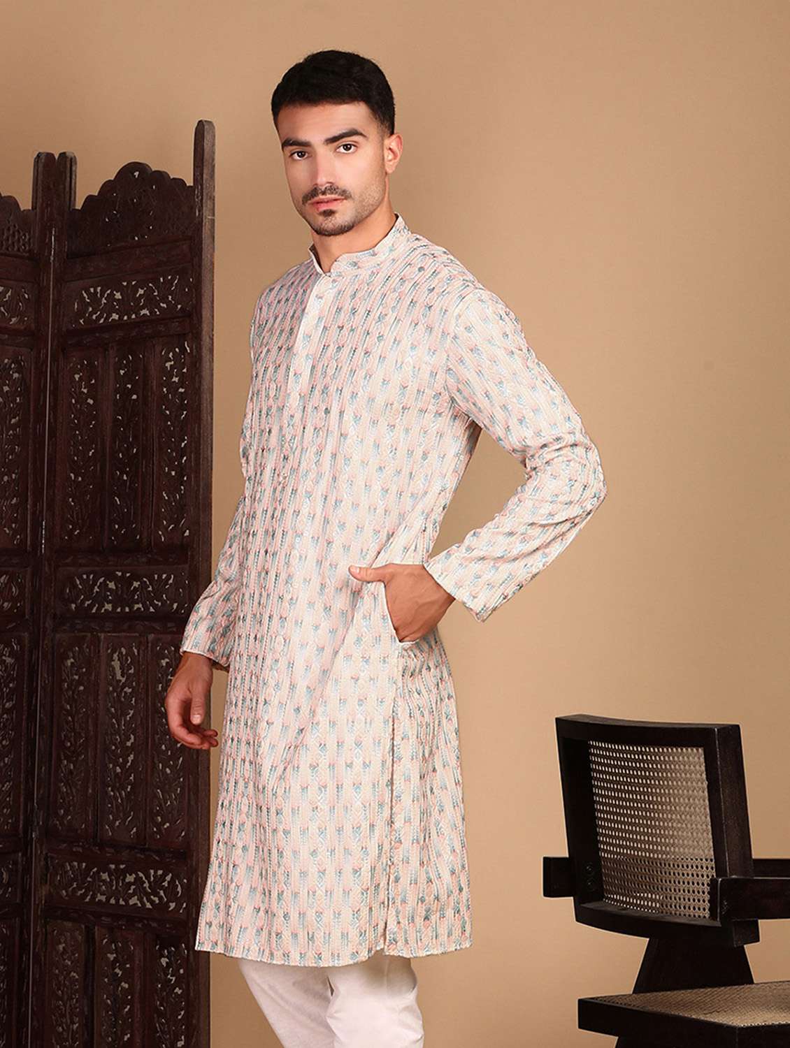 men self design long sleeve kurta - 22374565 -  Standard Image - 1