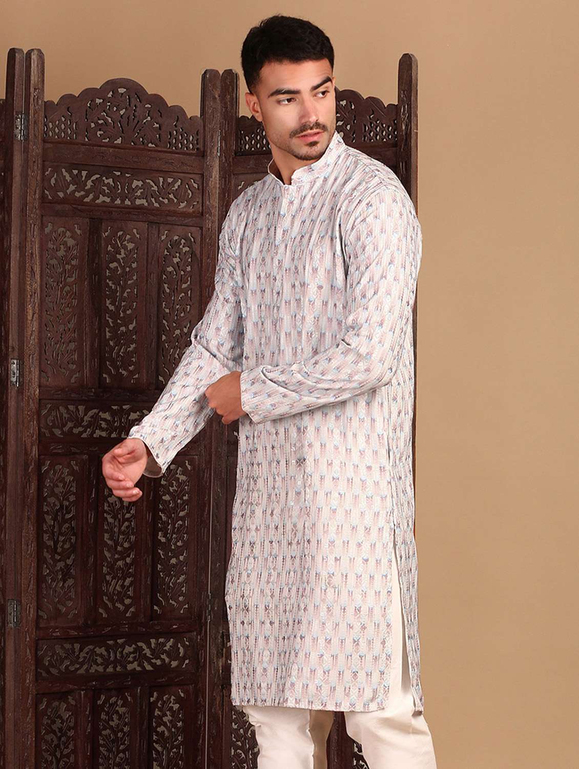 men printed mandarin neck long kurta - 22374567 -  Standard Image - 1