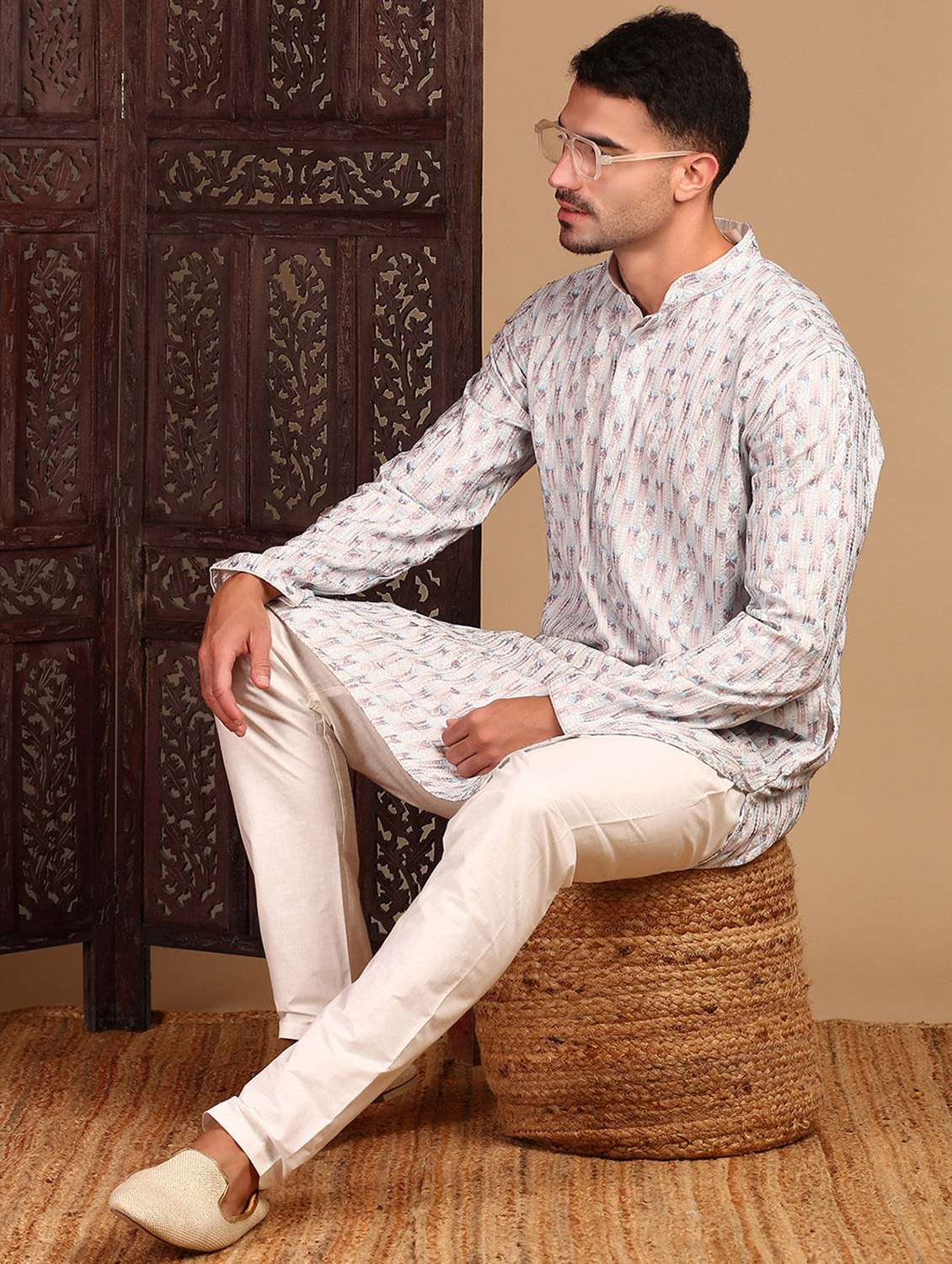 men printed mandarin neck long kurta - 22374567 -  Standard Image - 4