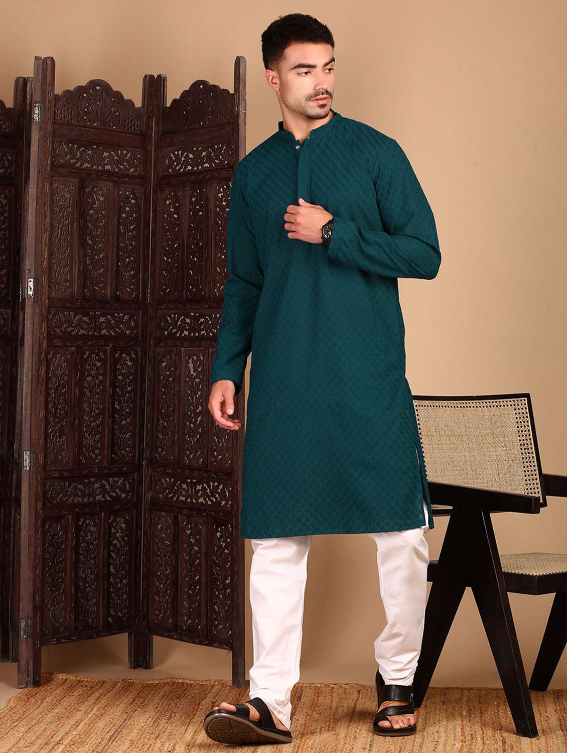 men self design long sleeve kurta - 22374575 -  Standard Image - 4