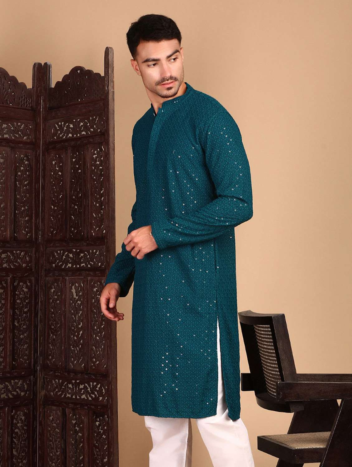 men solid with work mandarin neck long kurta - 22374576 -  Standard Image - 1