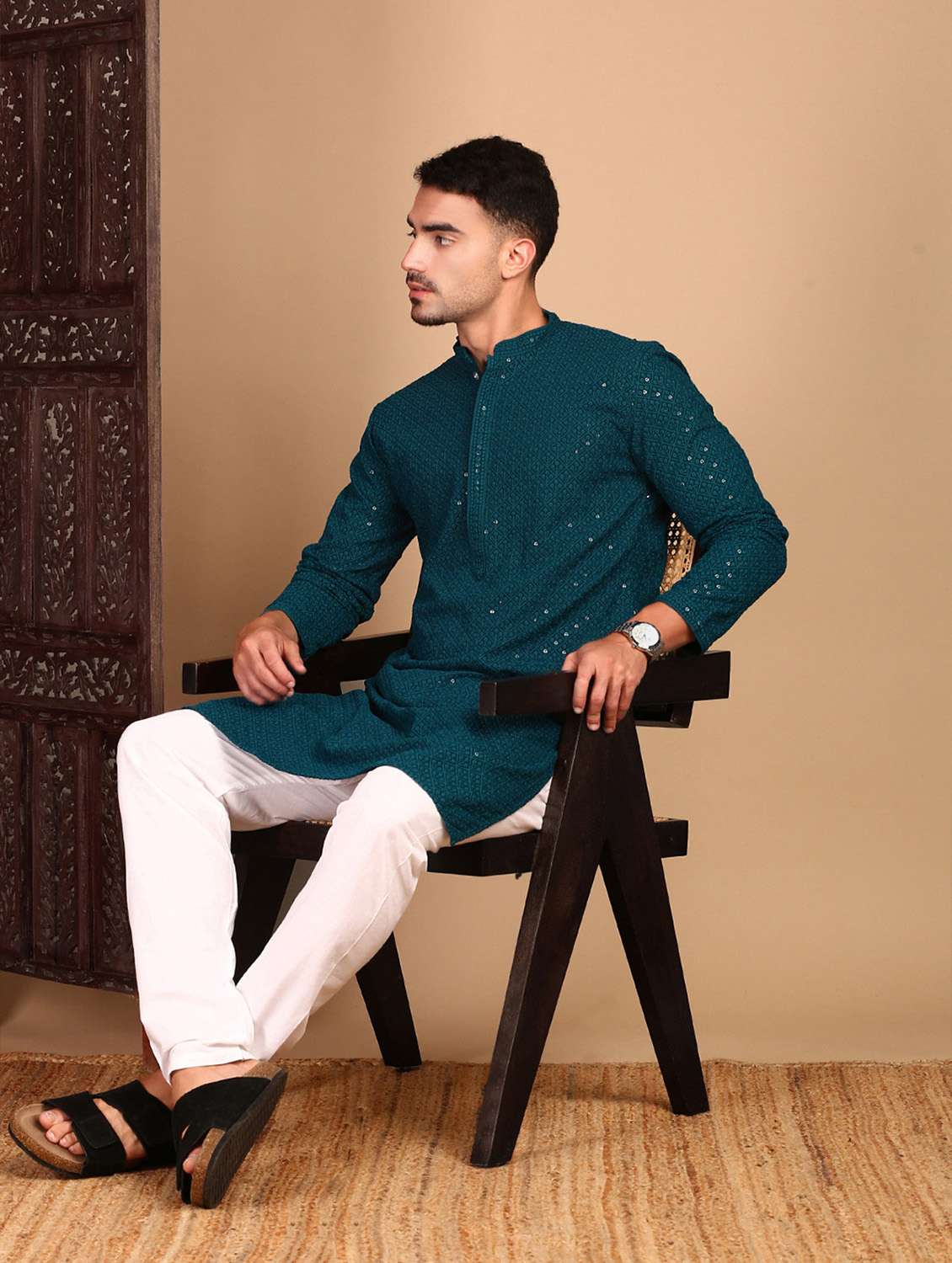 men solid with work mandarin neck long kurta - 22374576 -  Standard Image - 4