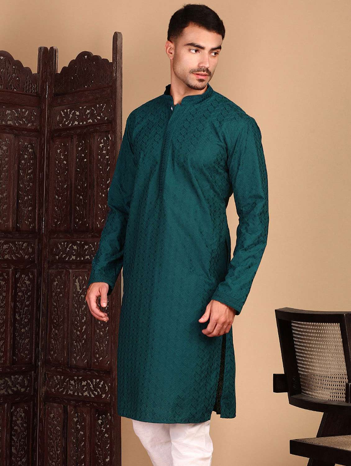 men solid with work mandarin neck long kurta - 22374577 -  Standard Image - 1