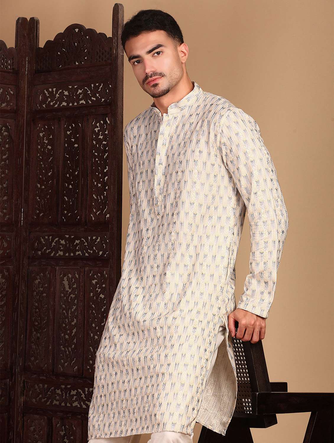 men printed mandarin neck long kurta - 22374579 -  Standard Image - 1