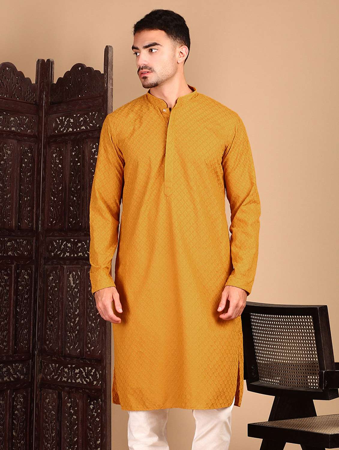 men solid with work mandarin neck long kurta - 22374585 -  Standard Image - 1
