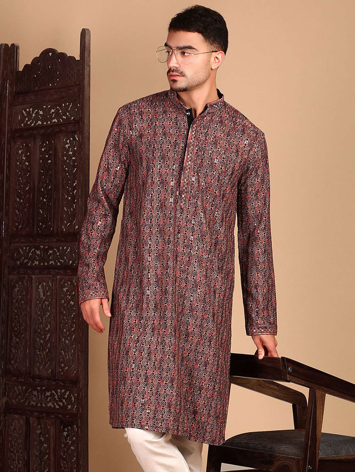 men printed mandarin neck long kurta - 22374604 -  Standard Image - 1