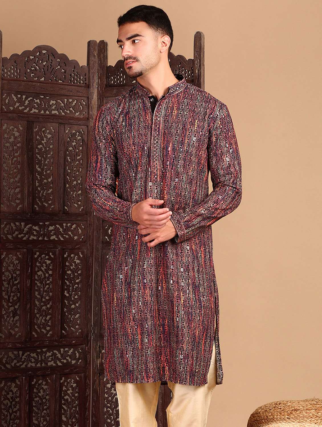 men self design long sleeve kurta - 22374608 -  Standard Image - 1