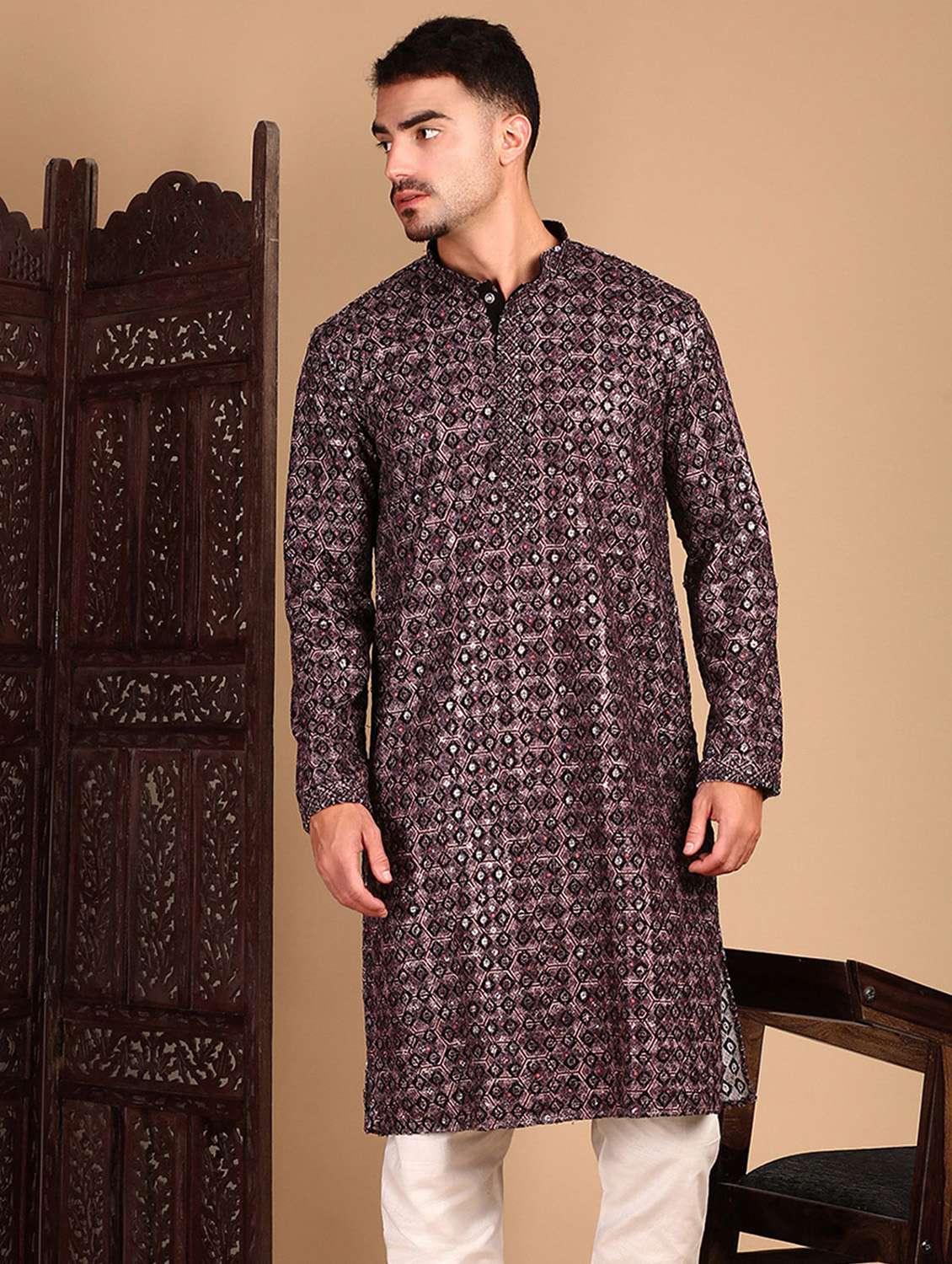 men printed mandarin neck long kurta - 22374627 -  Standard Image - 1