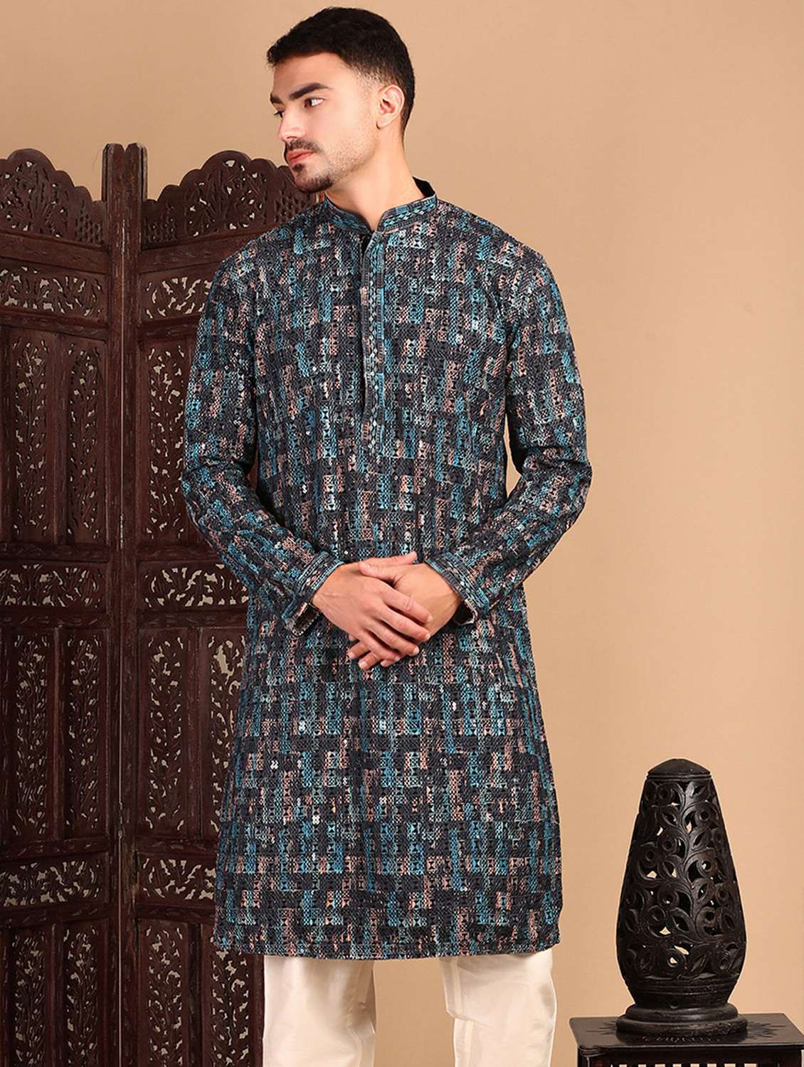 men printed mandarin neck long kurta - 22374636 -  Standard Image - 1