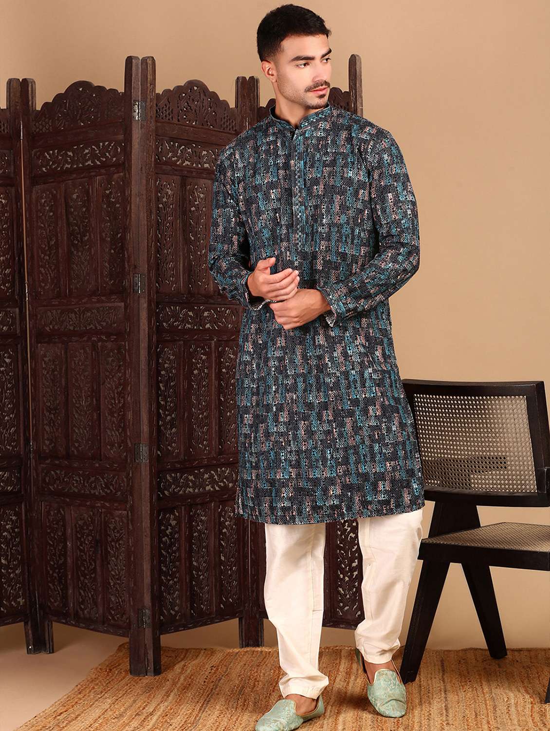 men printed mandarin neck long kurta - 22374636 -  Standard Image - 6