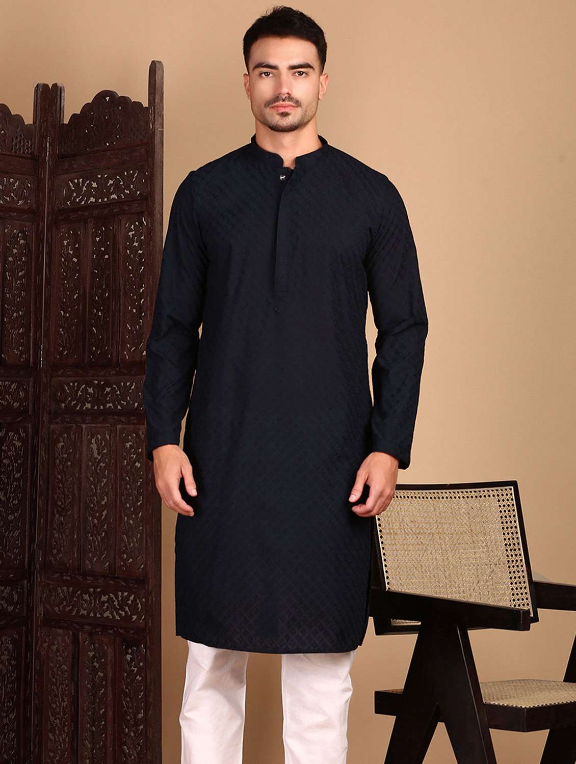 men self design long sleeve kurta - 22374663 -  Standard Image - 1