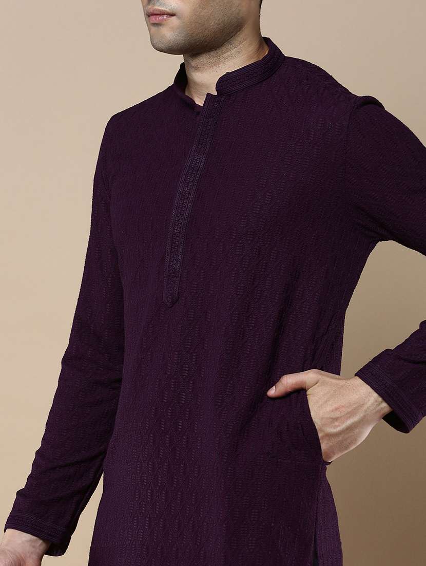 purple self design cotton kurta pyjama set - 22375460 -  Standard Image - 4